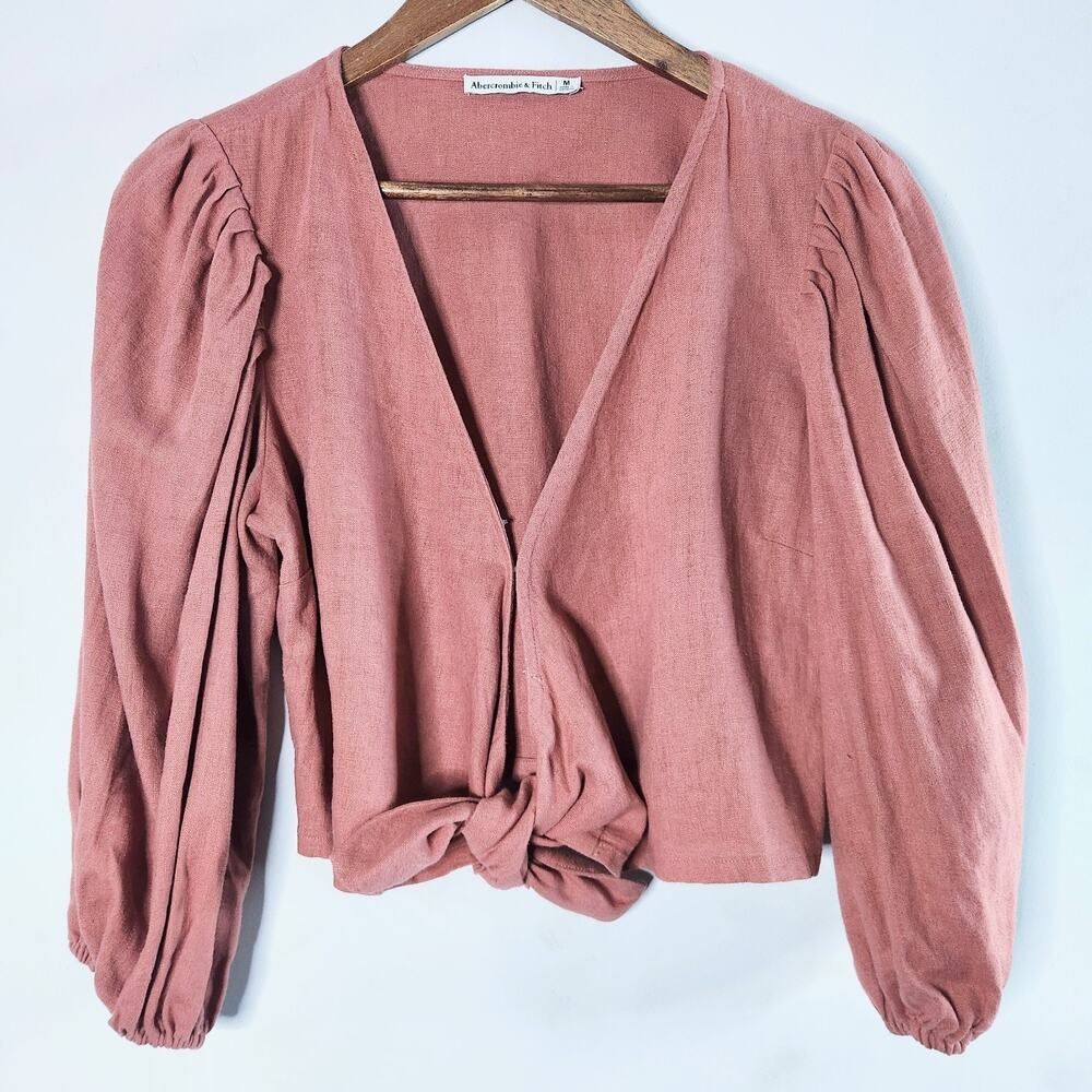 Abercrombie And Fitch Pink Cropped Puff Sleeve Tie Front Blouse Size M Linen